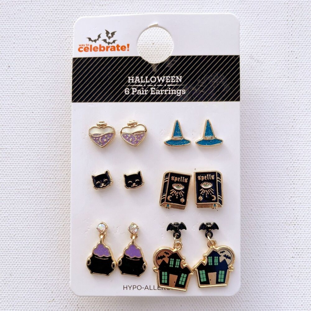 Way to Celebrate Halloween‎ Motif Earrings, Multicolored, Goldtone, 6 Pairs